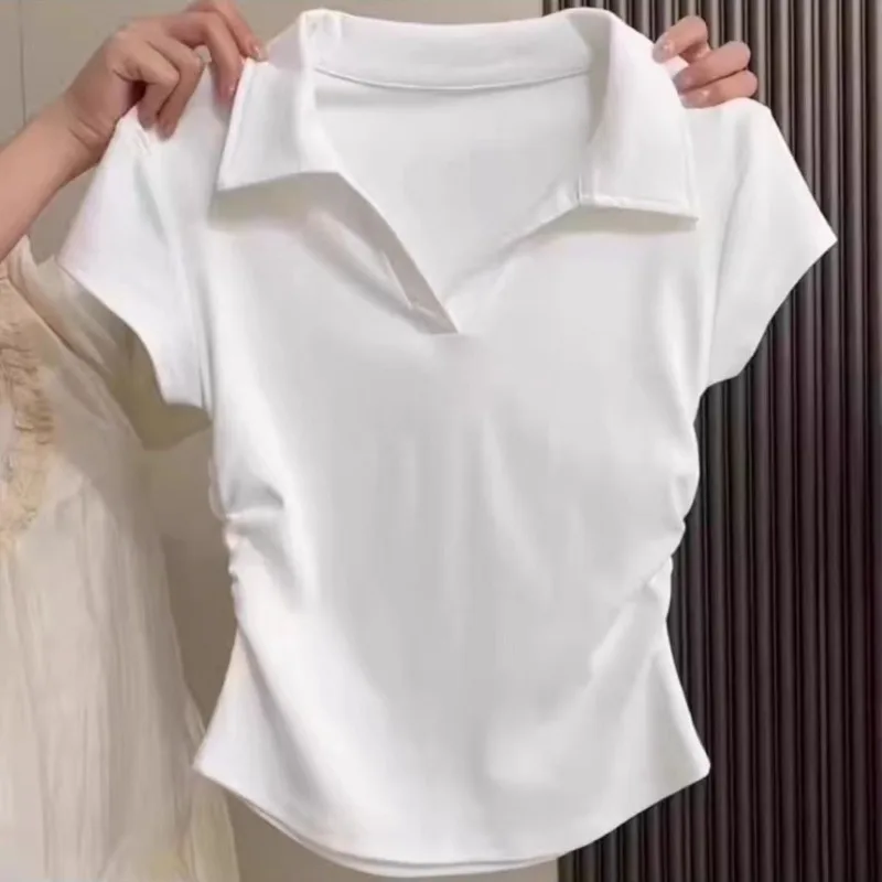 T-shirts Women Summer Short Sleeve Elegant Korean Ladies Streetwear Fashion Solid Comfortable Simple Shirring Design Clothing