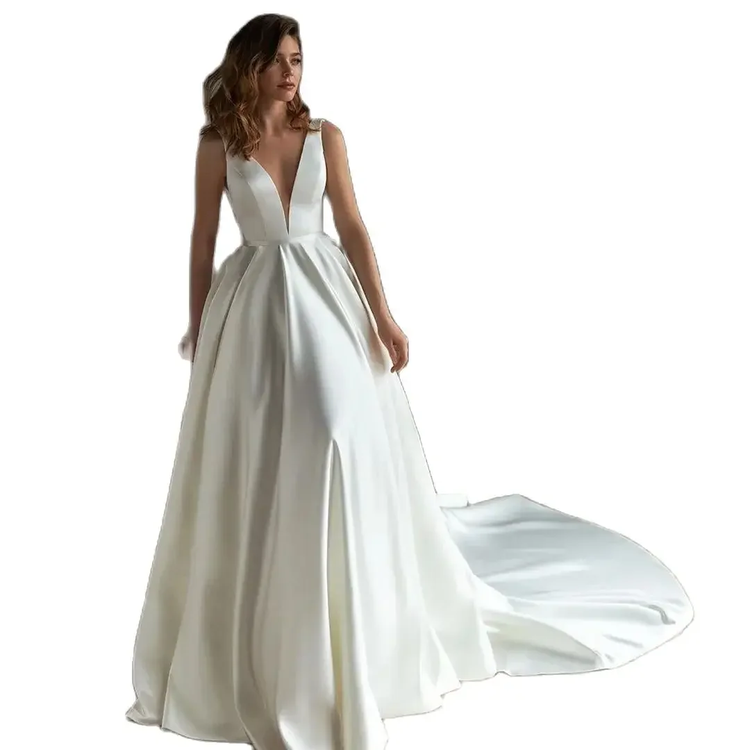 Semplice abito da ballo da sposa in raso beige con scollo a V profondo e ampio cinturino per spaghetti Elegante abito da sposa lungo fino al pavimento con perle senza schienale