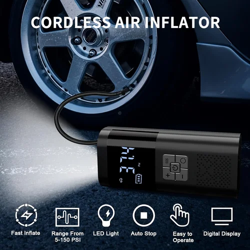 Imagen 2 del producto Bomba de aire inalámbrica para coche, compresor de aire portátil de 150PSI con indicador Digital, inflador de neumáticos inteligente para bolas de neumáticos de motocicleta, bicicleta y coche