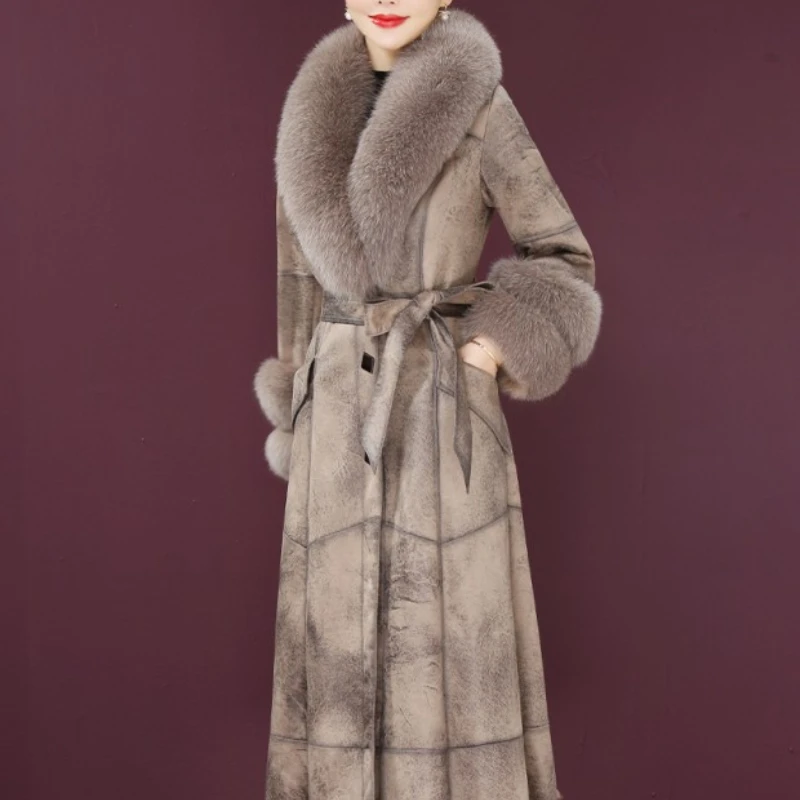 2024 Winter New Mid Length Fox Fur Collar Rabbit Fur Coat Fashionable and Warm High End Luxury and Versatile Fur Coat