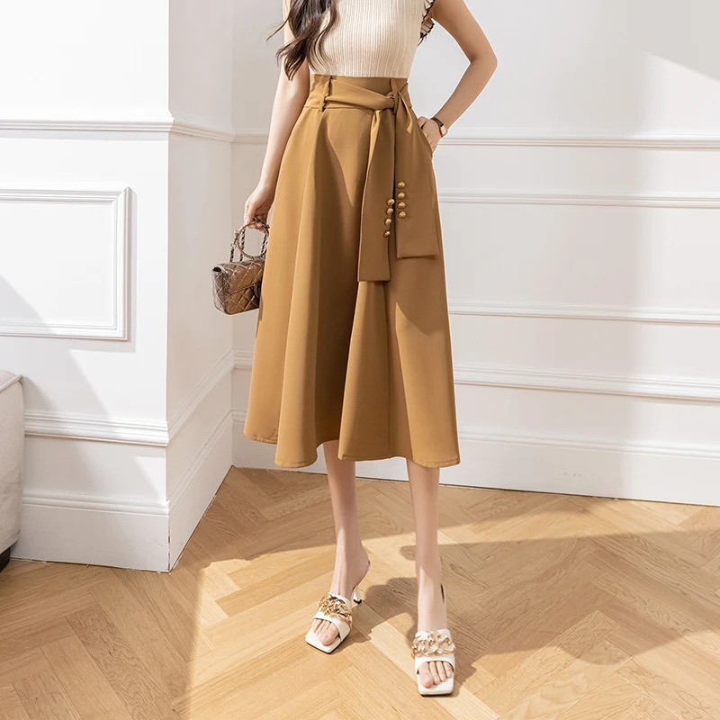 In Stock High Waist A-Line Skirt for Women 2025 Spring Summer New Mid-Length A-Line Skirt Hip Covering Slimming Long Skirt