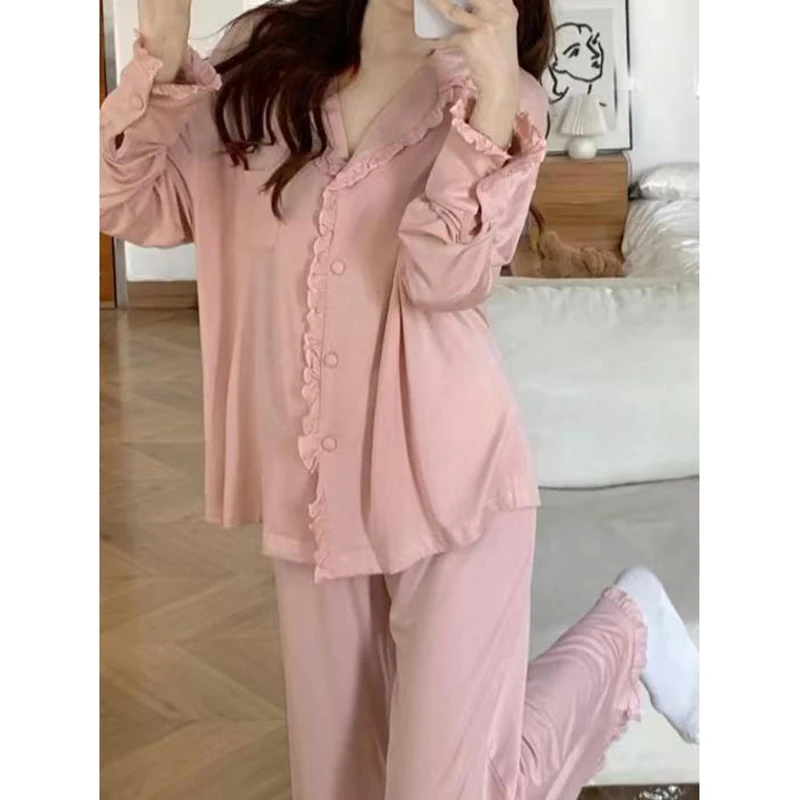 Ruffles Sleepwear Women Pajama Sets Autumn Piiama Solid Color Pants Sets for Women 2 Pieces Button Korean Night Wears Home Suit