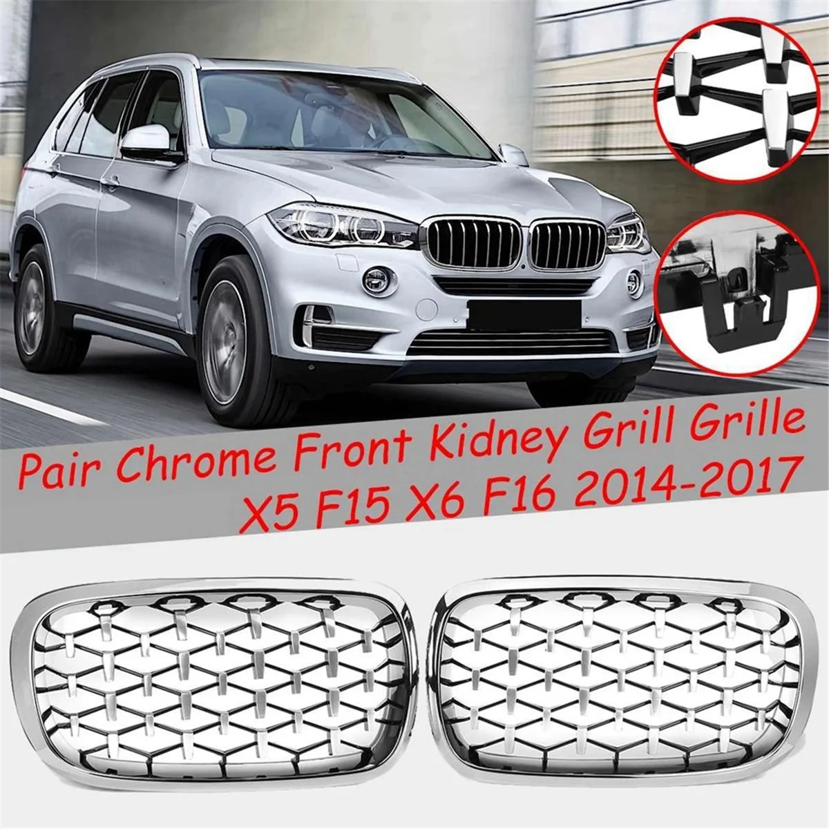 クロームメッキのフロントバンパー,冷却グリル,金属およびダイヤモンド,中央メッシュ,bmw x5 x6 2014-2017, 51117294486, 51117294485