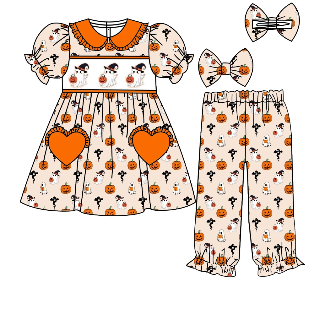 

Новейший дизайн на Хэллоуин, длинные брюки с короткими рукавами, оранжевые лацканы для мальчиков и девочек, соответствующий бутик-пижамный комплект с принтом тыквы