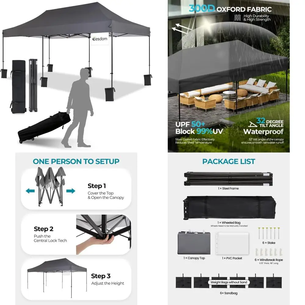 Portable Pop Up Canopy Tent 10x20, Durable 300D Silver-Coated Outdoor Shelter, Includes 4 Stakes, 4 Sandbags, and 4 Ropes, Easy
