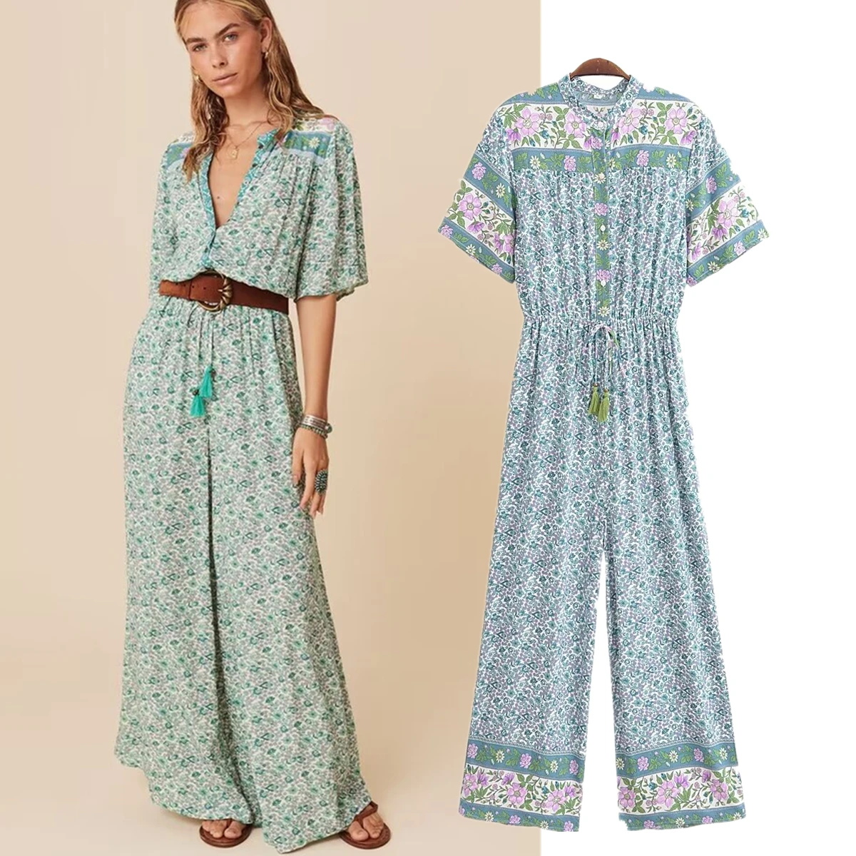 

Maxdutti Summer Rayon Elegant Floral Print Jumpsuits Women French Fashion Loose Indie Folk Vintage Jumpsuits