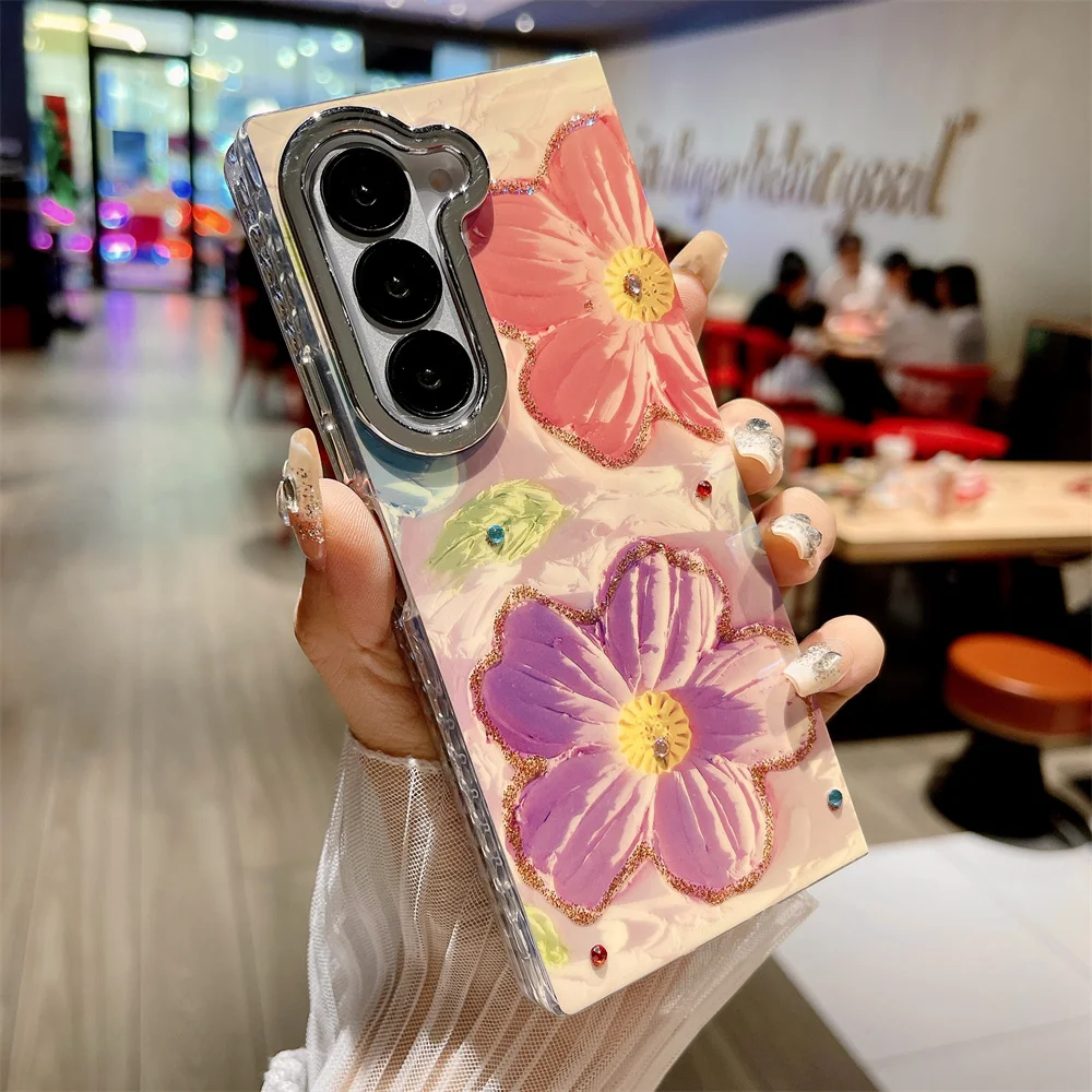 Glitter Colourful Painting Flowers Phone Case For Samsung Z Fold 6 Fold6 ZFold6 5G Florals Gradient Silicone Shockproof Cover