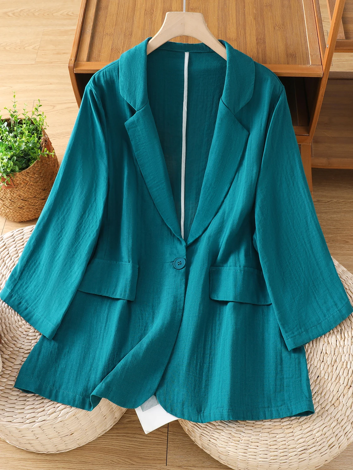 بدلة نسائية غير رسمية من القطن والكتان طويلة Sve Jaet خريف جديد Sle فني مقاس كبير قطع مستقيمة بزر واحد للإغلاق