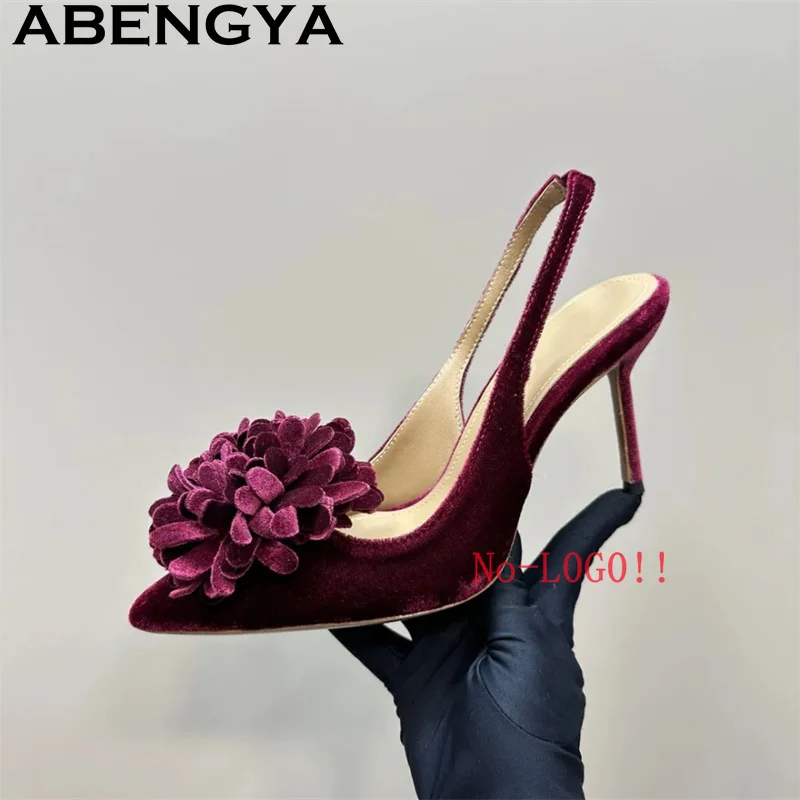 

ABENGYA бархатные сандалии-гладиаторы на тонком высоком каблуке с острым носком, женские сандалии-гладиаторы с открытым носком и цветком, летняя обувь для вечеринок Mujer