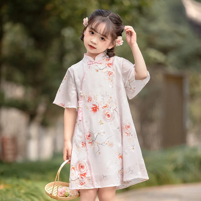 

Vinatge Chinese Girls Hanfu Cheongsam Dresses Children Summer New Kids Qipao Flower Printing Student Uniform Fairy Dress Cosplay