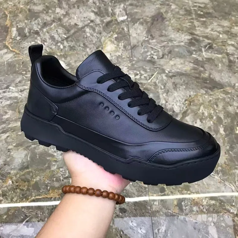 Men Genuine Leather Lace‑up Sneakers Black Thick Platform Sole Non‑slip Casual Board Shoes Business Office Daily Walking Shoes