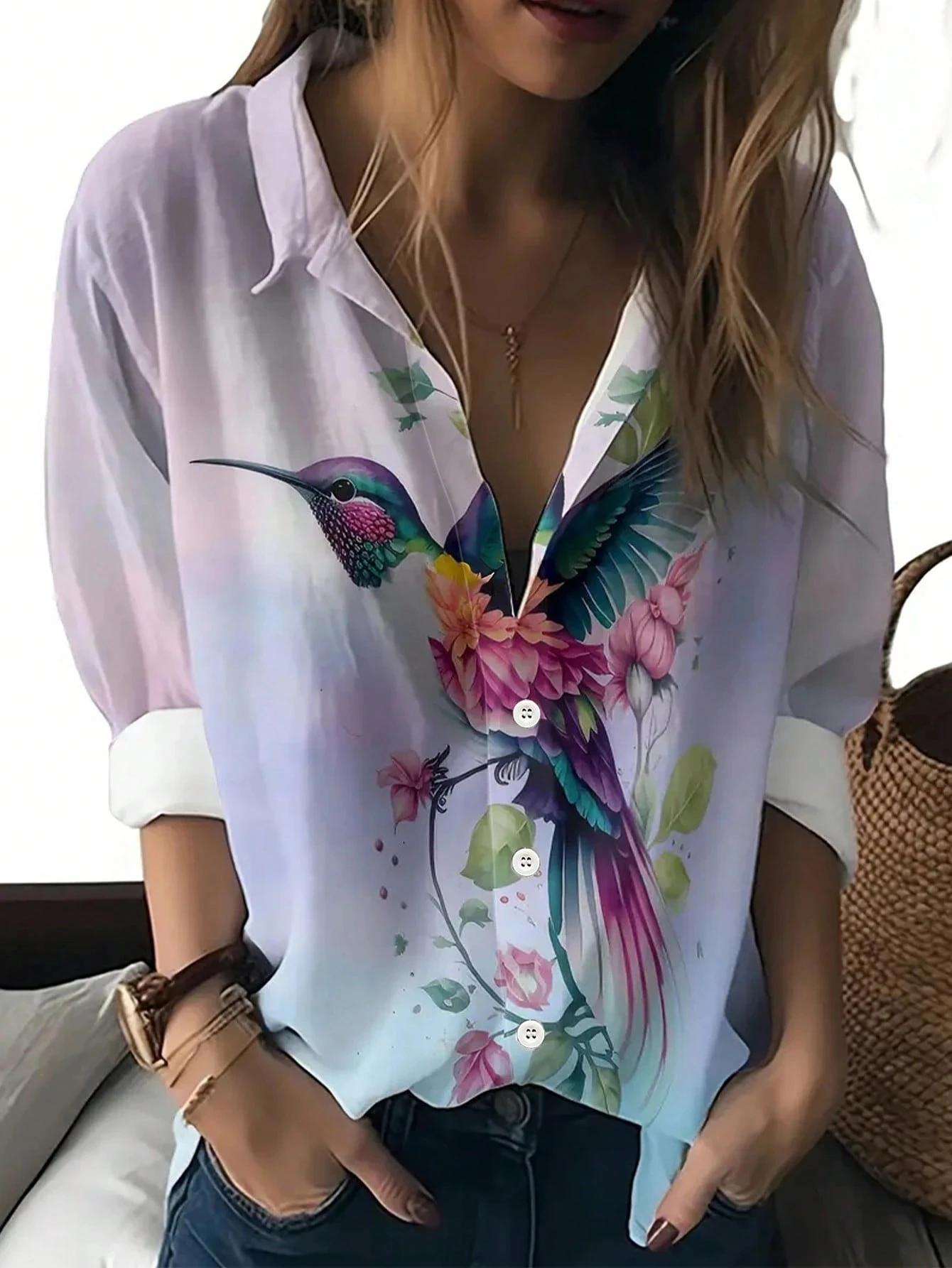 

Women's Casual Floral And Bird Print Long Sleeve Shirt Suitable For Spring And Summer Seasons