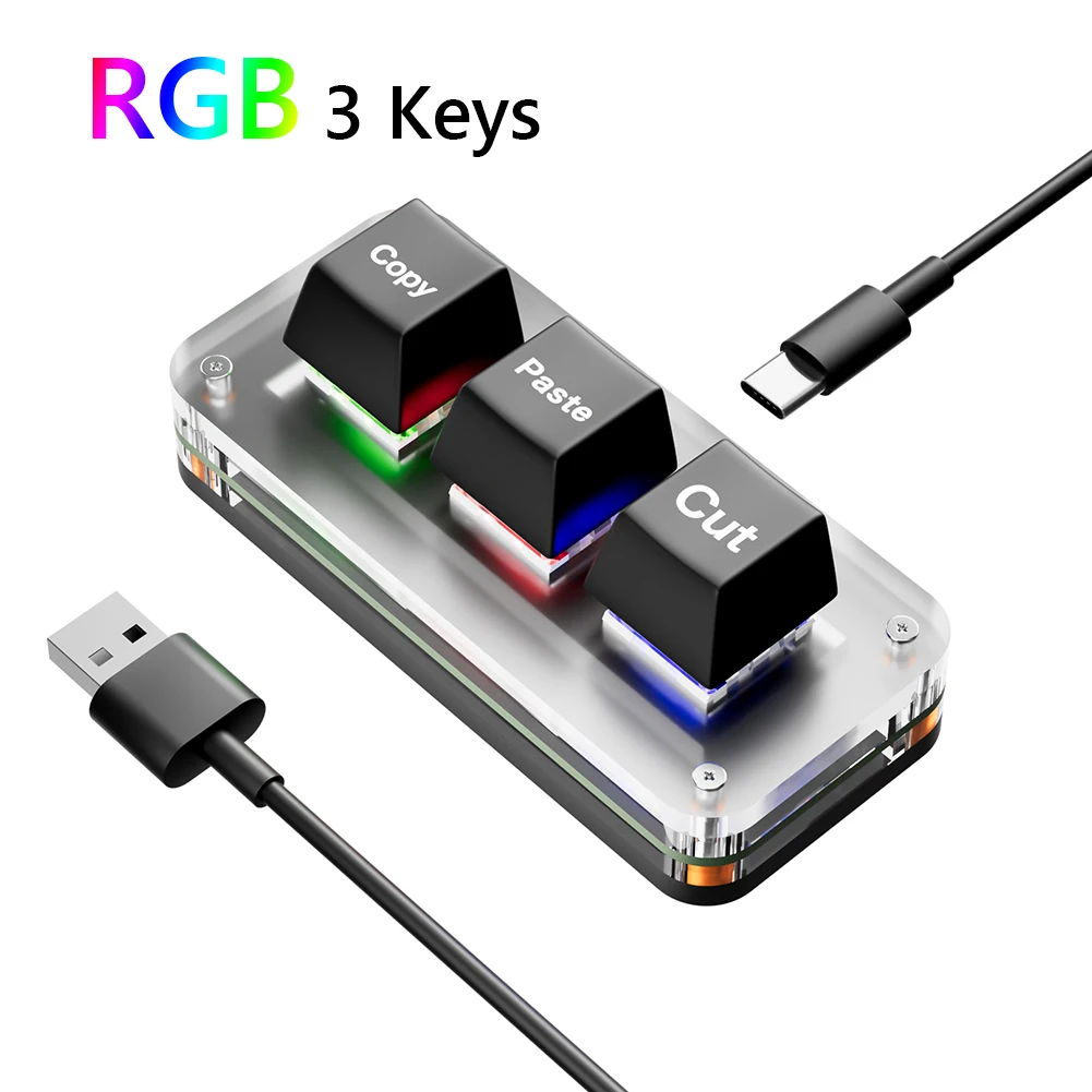RGB Mini Cut Copy Paste Keyboard 3-Key Ctrl X C V Shortcut One Handed Keyboard USB Type-C Macro Keypad for Working and Gaming