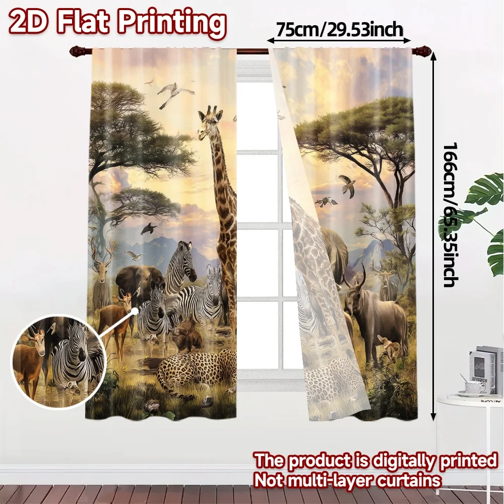 2pcs, 2D FLAT PRINTING Curtains (Without Rod) Savannah Harmony Popular Popular Curtain 100% Polyester Curtains Decorations