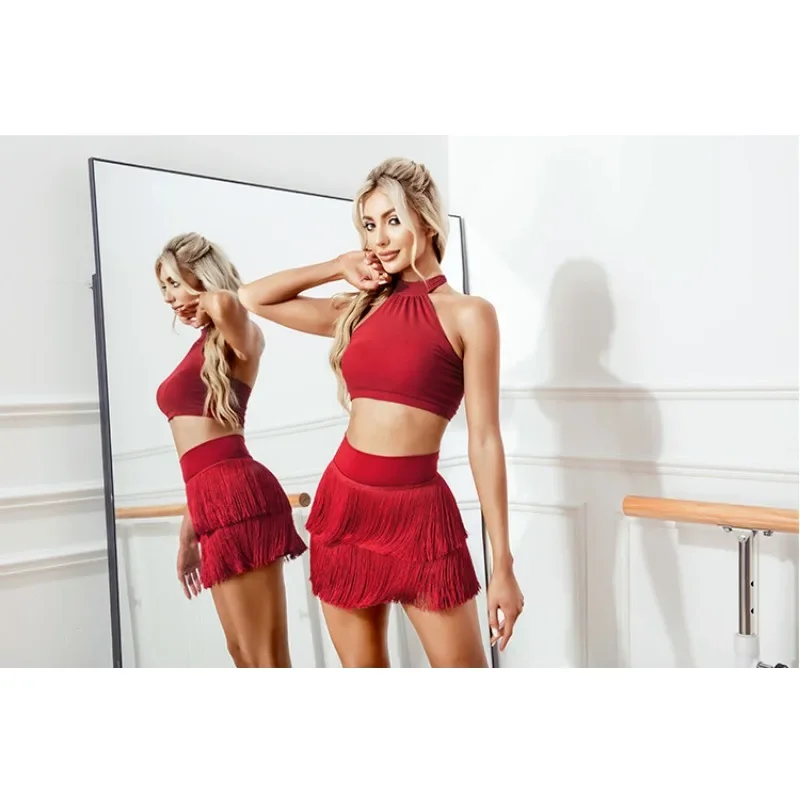 ملابس ممارسة الرقص اللاتيني بطبقة مزدوجة فستان بوستير بشراشيب جديد للسيدات البالغات معيار وطني للرقص شعور كبير