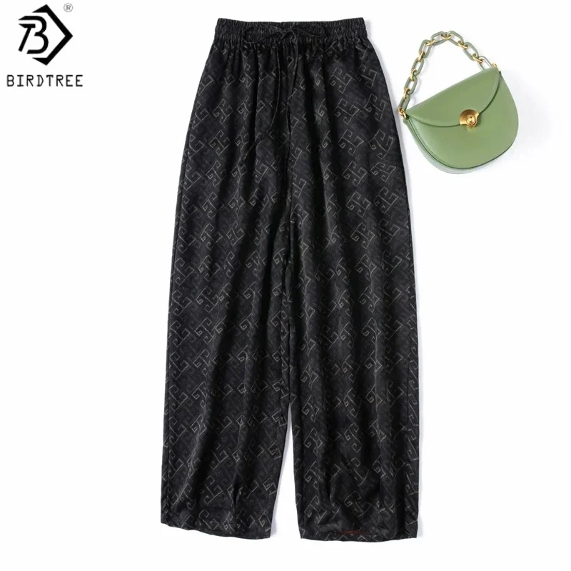 

Birdtree, 100% Silk Harem Pants, Jacquard Satin, Women's Floral Luo Xiangyunsha Cool Trousers, Elastic Waist, 2026 New P66228JF