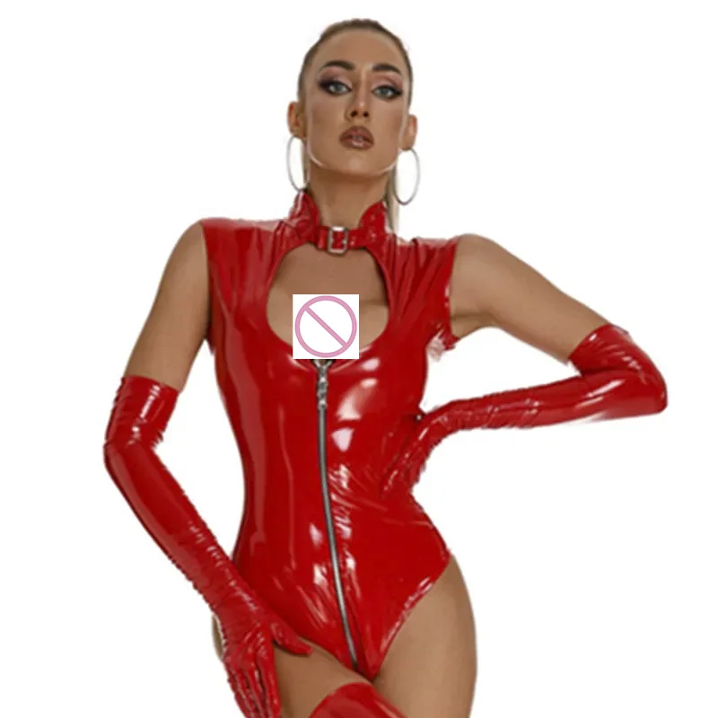 Sexy Personality Women Shiny PVC Bar Club Nightclub Costume Jumpsuit Faux Leather Hollow Bodysuit Tights