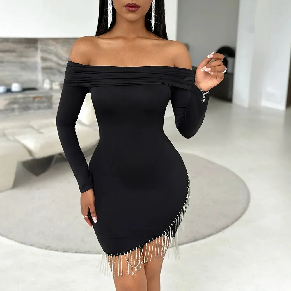 

Dress for Woman Party Night Birthday Off Shoulder Tassel Hem Bodycon Mini Dresses Long Sleeve Split Pencil Skirt 2024 Fall New