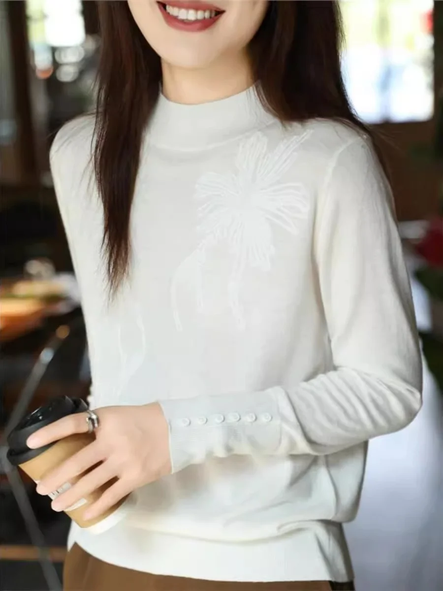Skin-friendly Semi-high Collar Knitwear Women's Loose Velvet Long Sve Spring Autumn Base Layer irt Thin Model