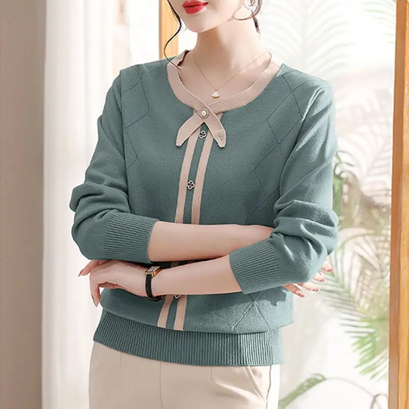 Fashion Elegant Solid Spliced Knitted Tops Autumn Winter Women's Clothing All-match Simplicity Long Sleeve Sweaters for Female