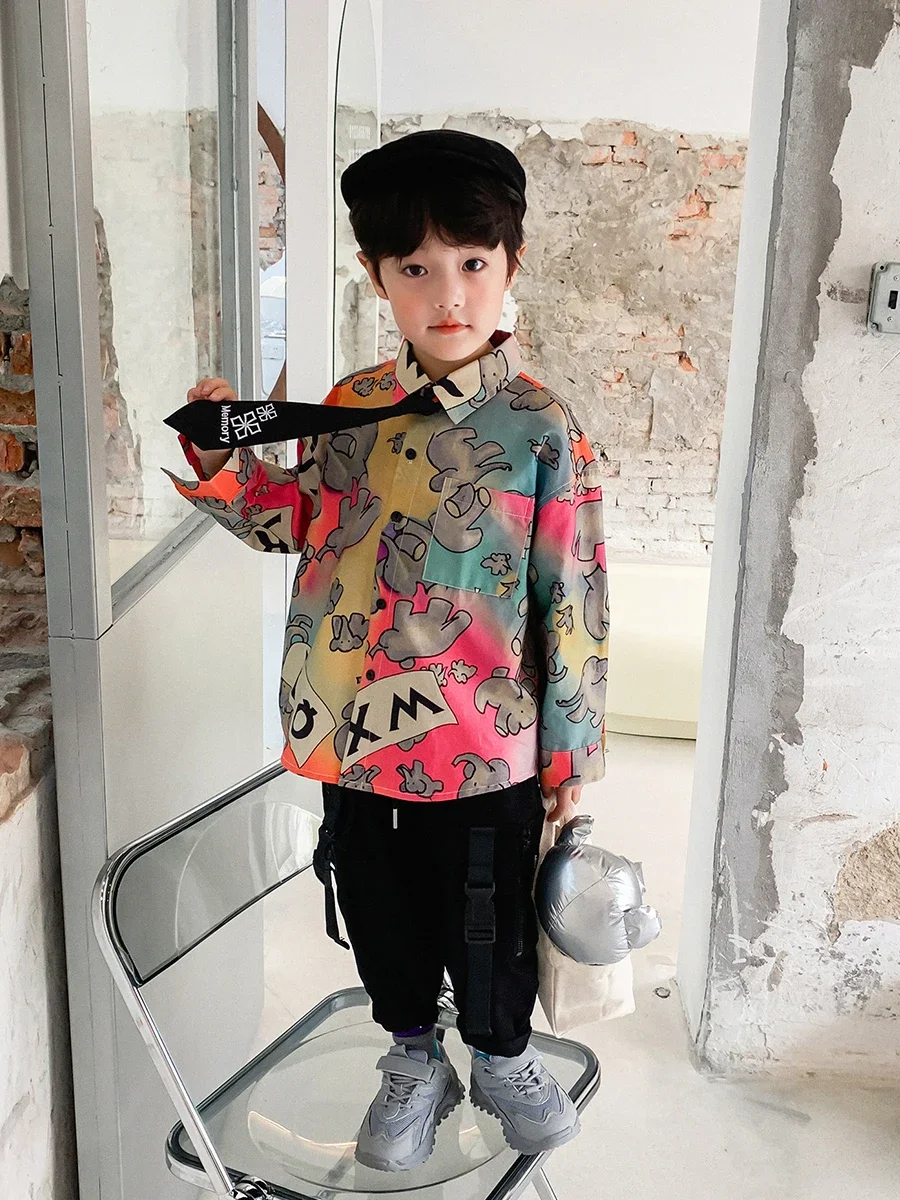 Boys\' Shirt Long-Sleeved Cotton Autumn Clothes 2021 New Spring and Autumn  Children\'s Baby Western Style Top Children\'s Clothing