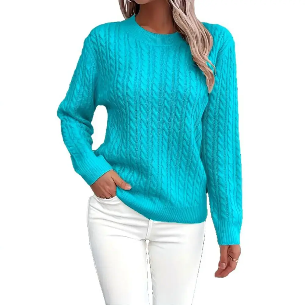 Trendy Women Sweater Cable Texture Crew Neck Pullover Long Sleeve Soft Knitwear Casual Elegant Slim Fit Streetwear