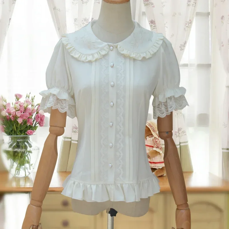 Sweet Lolita Shirt Short Puff Sleeve Flower Embroidered Peter Pan Collar White Ruffle Blouse for Ladies