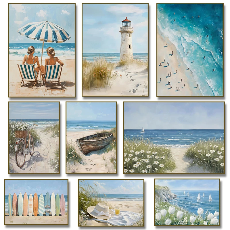 Coastal Ocean Beach Lighthouse Tulip Sailboat Surfboard Poster Canvas Painting Print Wall Art Picture for Living Room Home Decor