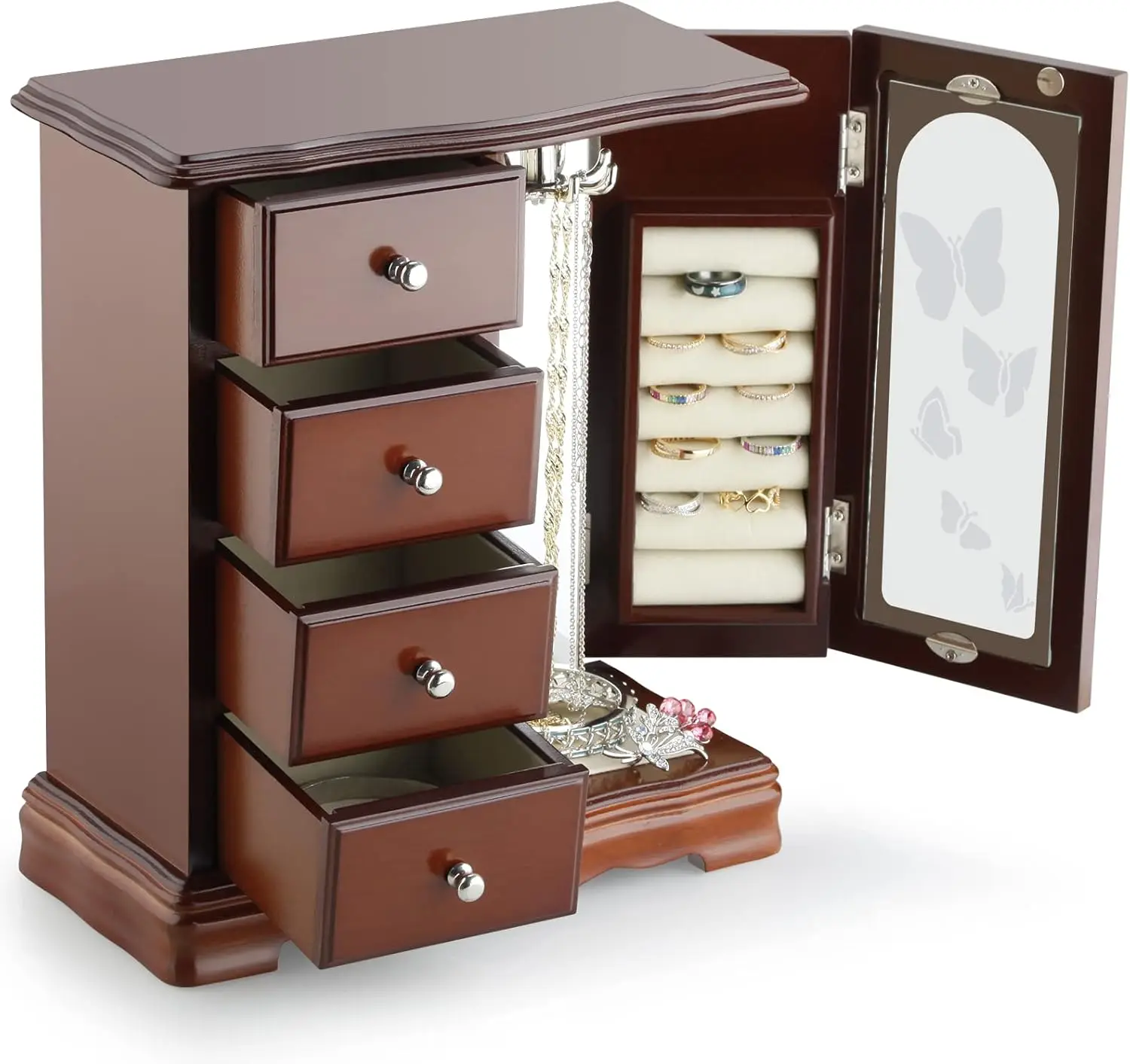 Joyero de madera maciza con 4 cajones, carrusel de collar incorporado, espejo grande - Organizador marrón