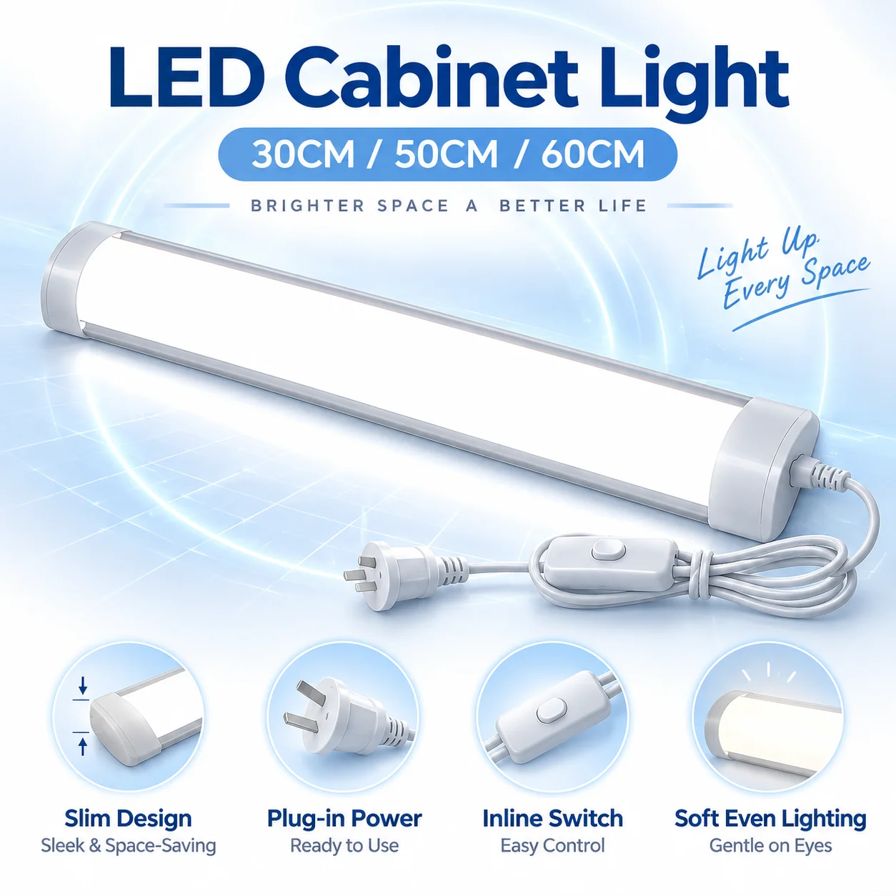LED Cabinet Light With 1.8m Switch Wire LED Tube Light 30/50cm Bar Light for Living Room Bedroom Decor Wall Lamp Cabinet Light