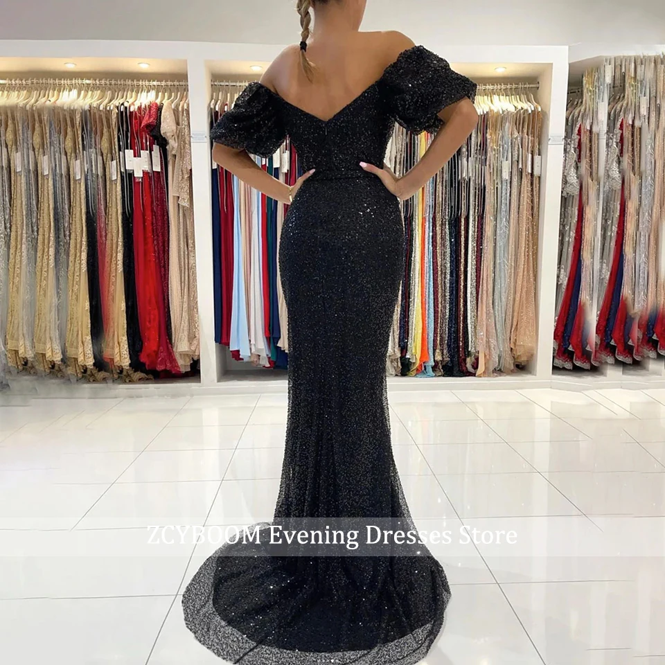 Customized Sexy Black Tulle Puff Sleeves Mermaid Evening Dresses 2024 Sparkly Sequined High Slit Sweetheart Party Long Prom Gown