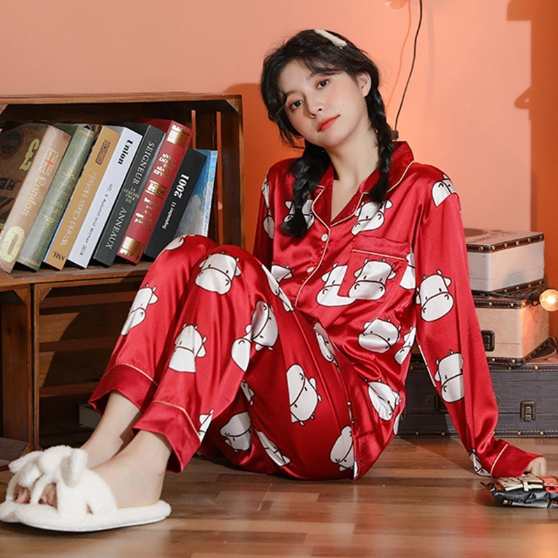 

Women's Silky Pajama Set With Milk Cow Print Long-Sleeve Lapel Chest Pocket Top And Long Pant Cozy Relaxed Sleepwear Loungewear