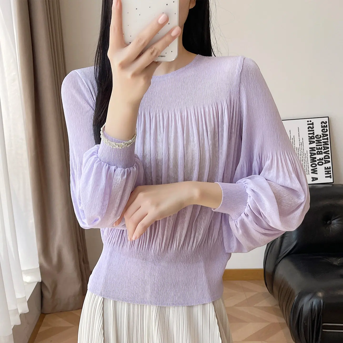 Miyake Style Pleated Lantern Sleeve Top for Women Spring New Style Gentle Purple Waist Slimming Versatile Top