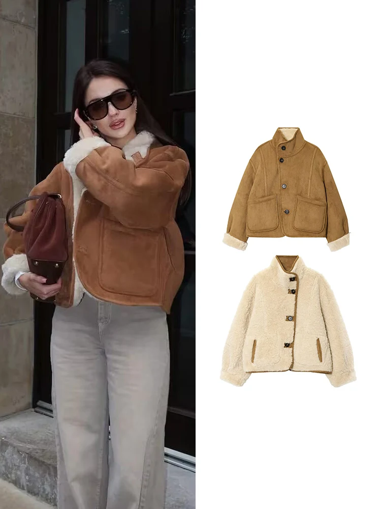 

TFMLN Women Double Sided Suede Jacket Coat Winter Fashion Reversible Stand Neck Casual Pocket Coat Lady Retro Warm Outwear