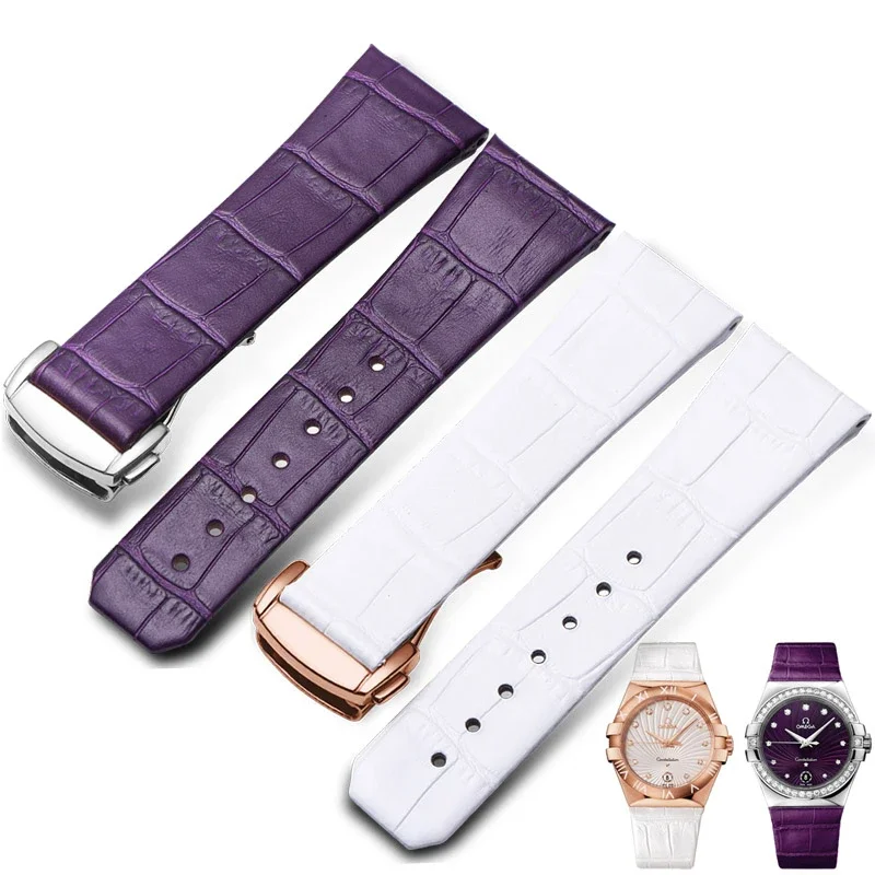 Genuine Leather Watch Strap For Omega Constellation Double Eagle Series Men Women\'s  Watchband Black Purple White 17mm 23mm