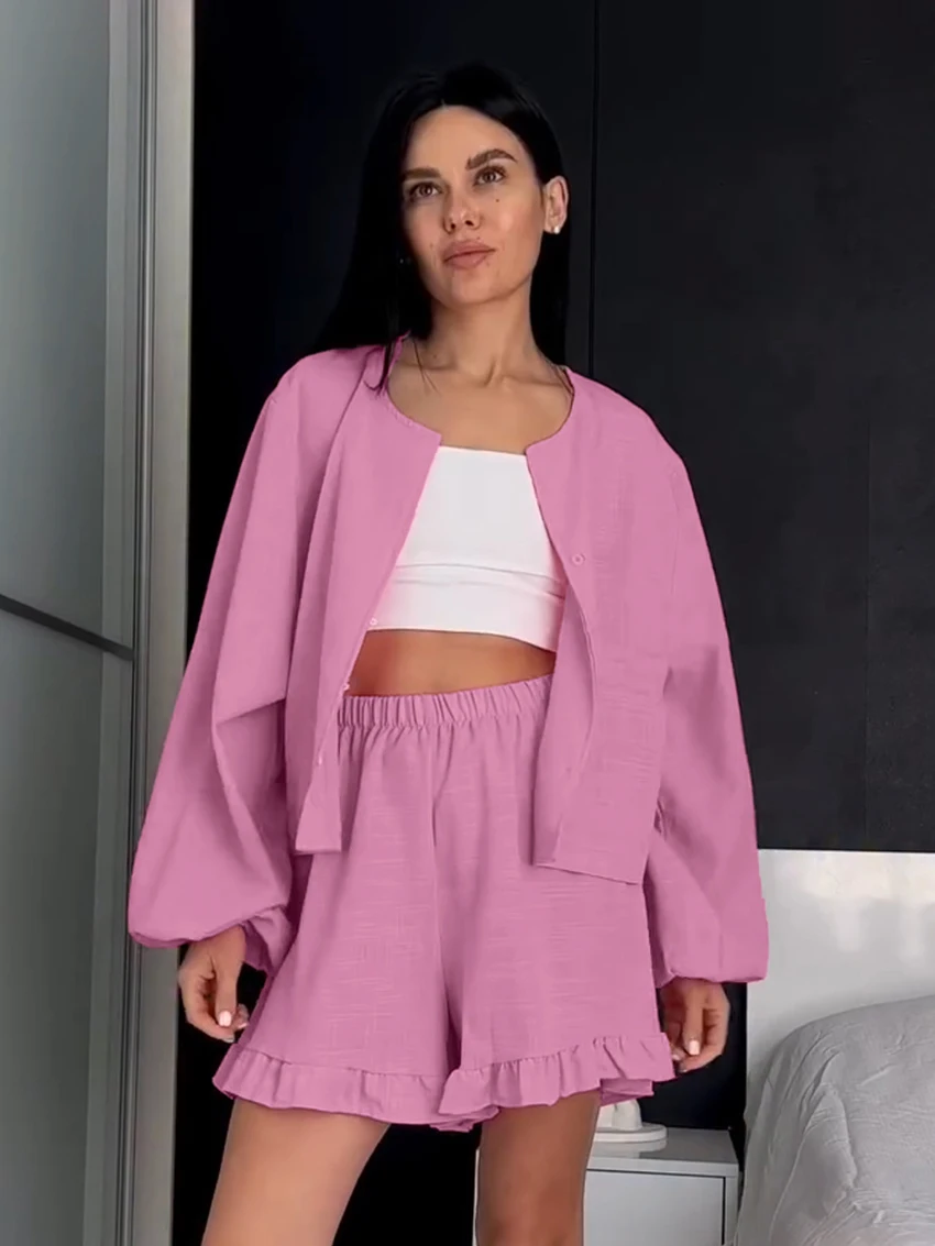 

Marthaqiqi Cotton Women Nightgowns Set O-Neck Pajamas Crop Top Sleepwear Long Sleeve Nightwear Shorts Casual Home Clothes Ladies