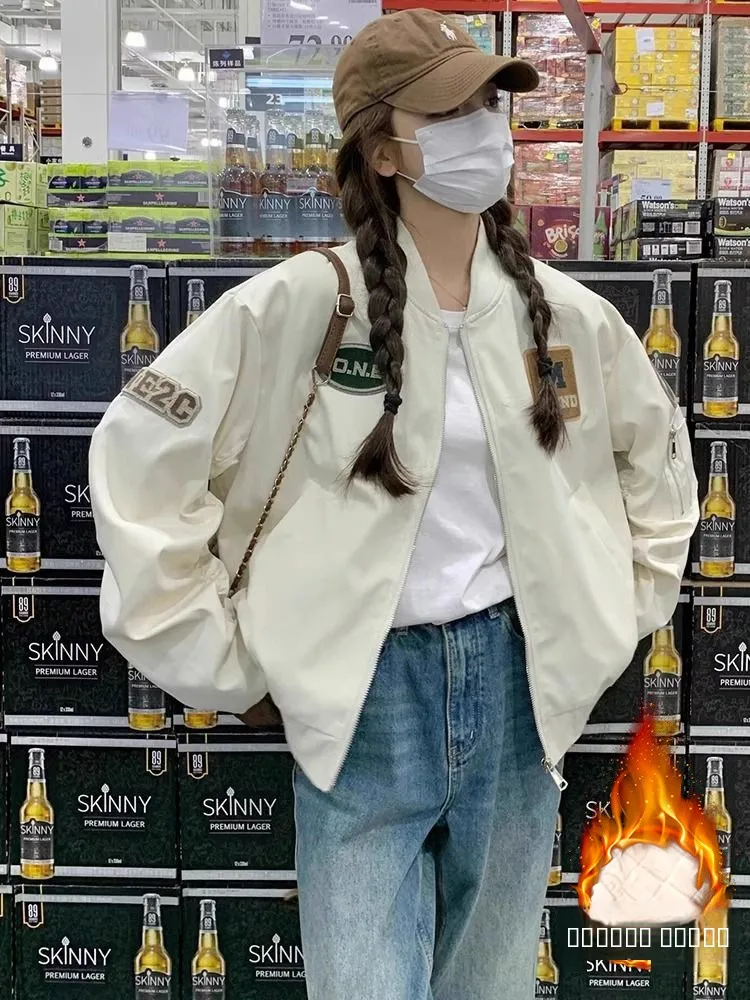 

Женская бейсбольная куртка-бомбер с вышивкой в американском стиле, утепленная, из хлопка, для весны и осени