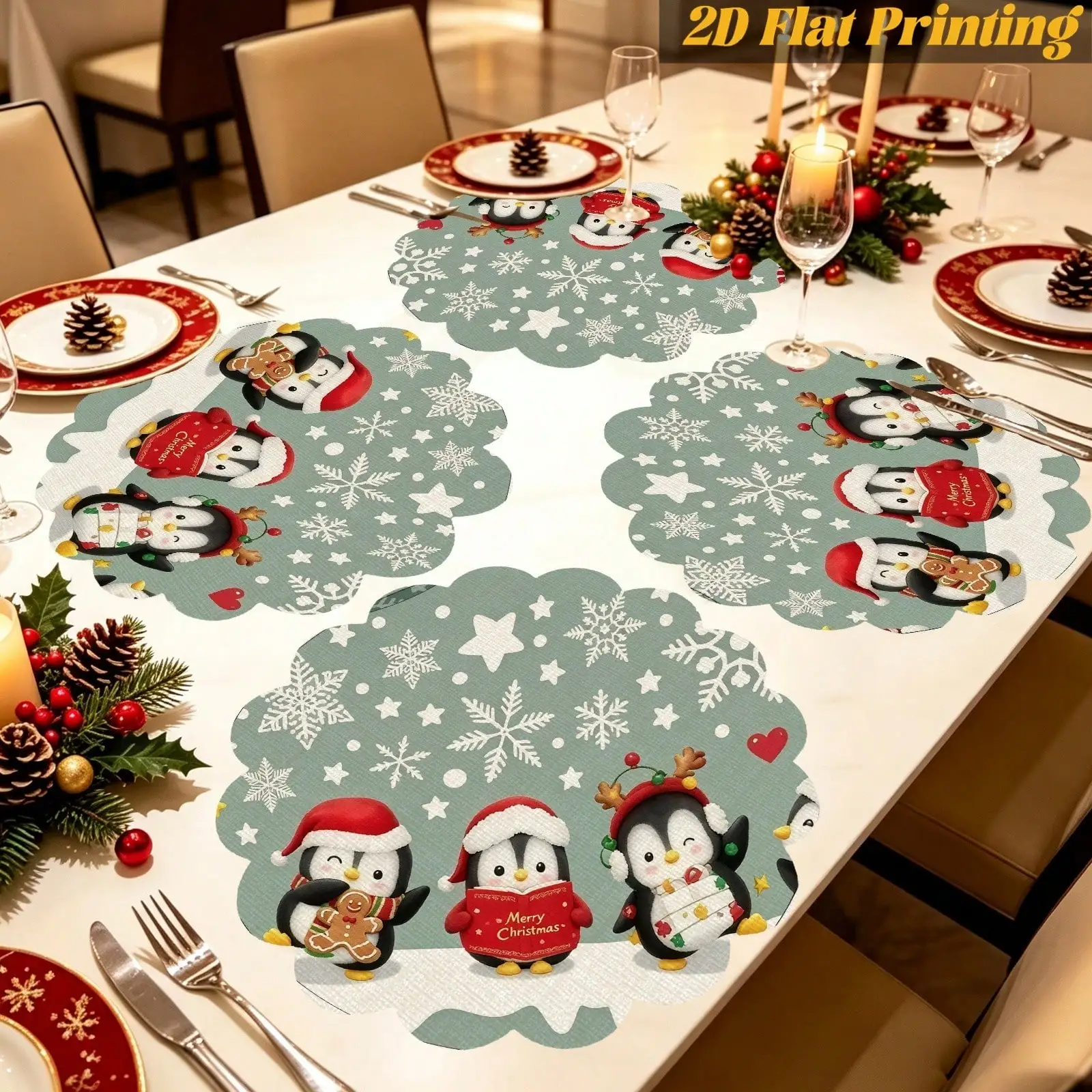 1/4/6PCS Snowflake Star Cute Penguin Scalloped Edge Placemat | Household Daily Meal,Lawn Picnic,Table Ornament,2D Flat Print | Thanksgiving & Christmas Gifts