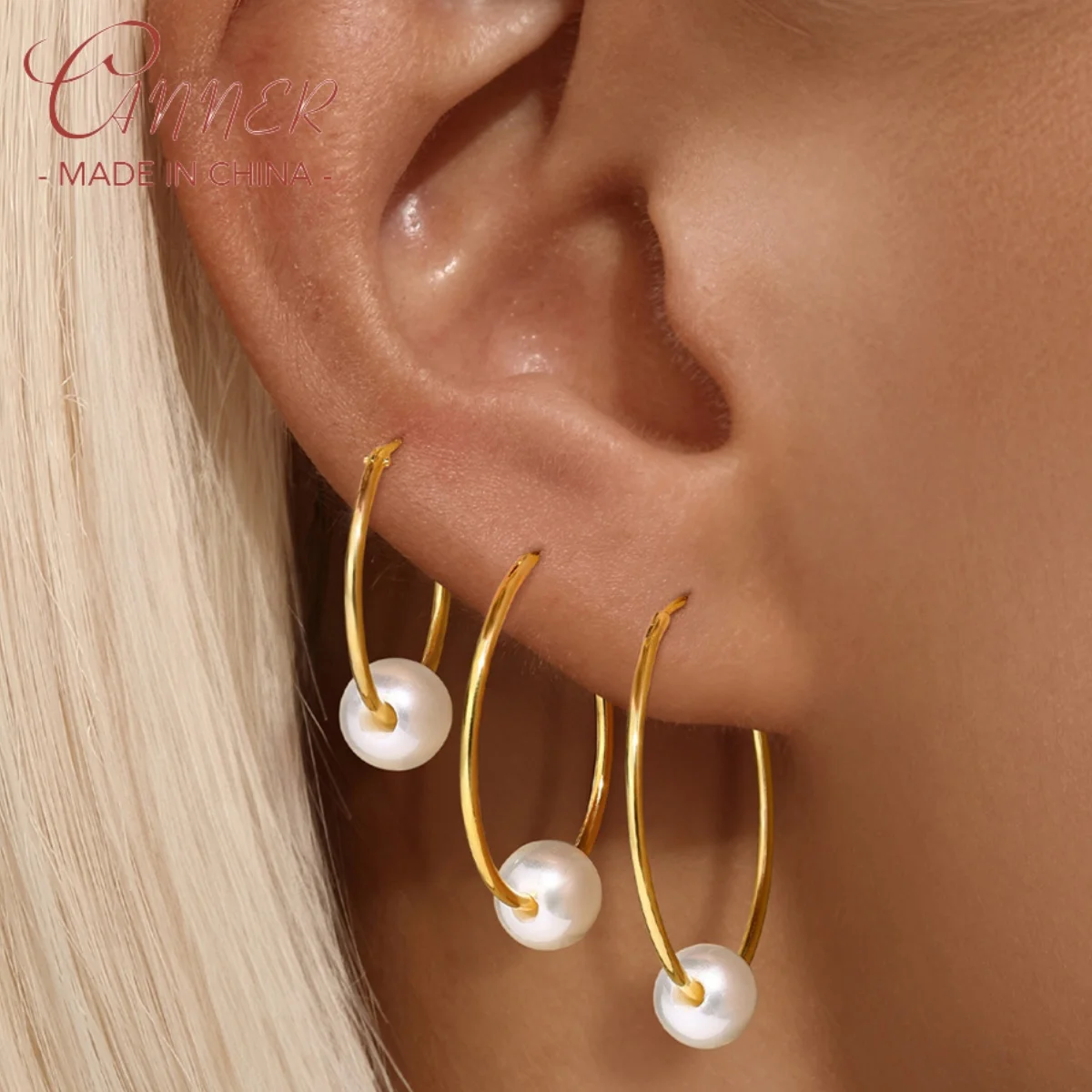 CANNER 925 Sterling Silver Multiple Sizes Big Pearl Hoop Earrings For Women 18K Gold Plated Temperament Popular Ins Fine Jewelry
