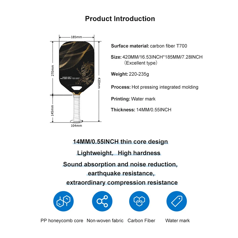 Lightweight 14MM Thickness Hot Pressed Integrated PP Honeycomb Core Dragon Pattern T700 Carbon Fiber Pickleball Paddle