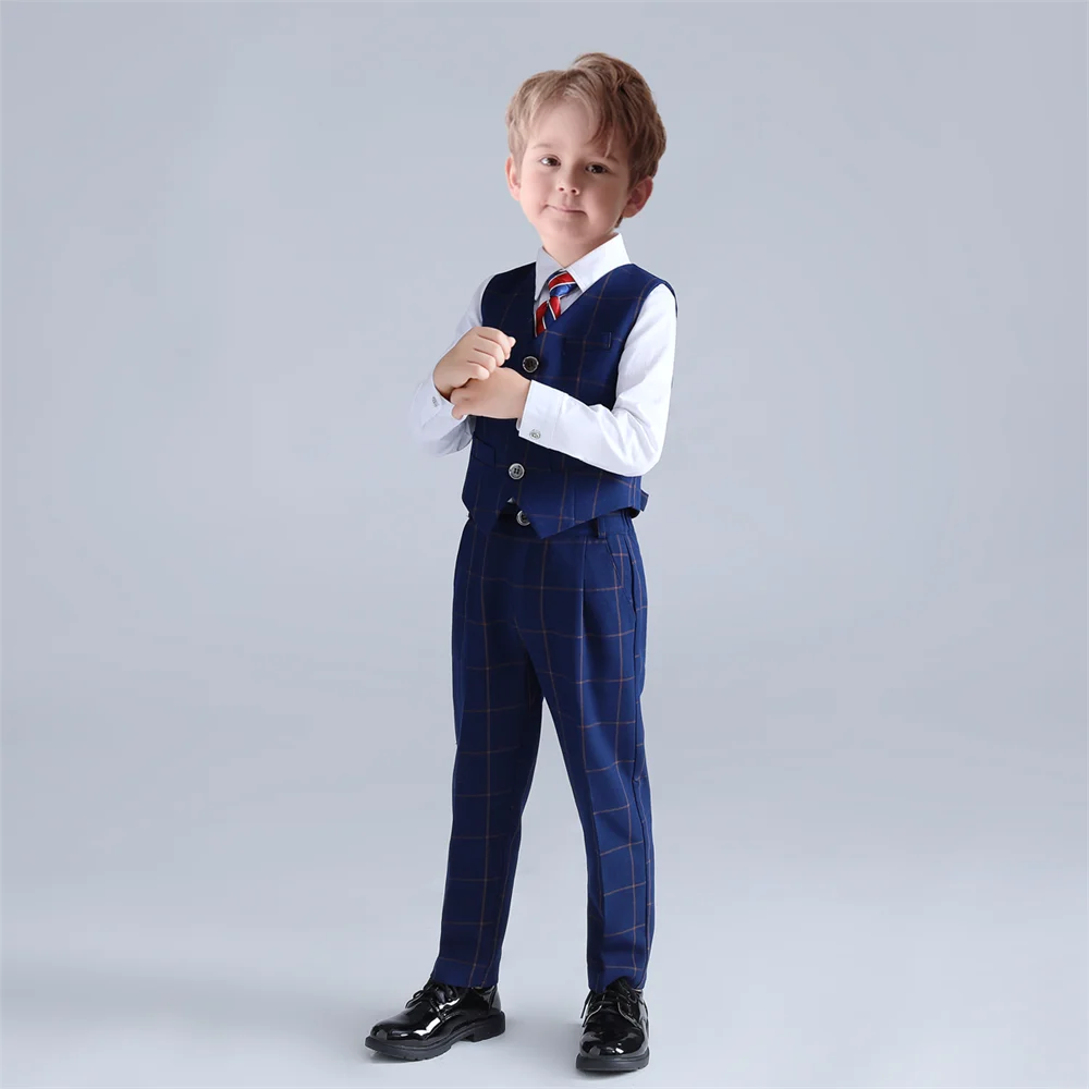 2025 Casual Daily Child Plaid Suit Set For School Life Fast Delivery Boys Suits 3 Pieces Vest Pants Bow-tie Piano Performance