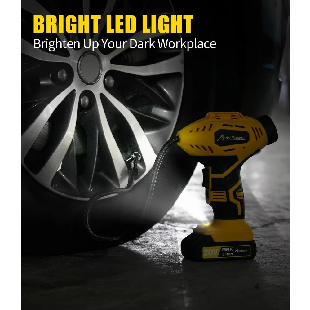 AVID POWER منفاخ إطارات لاسلكي ضاغط هواء محمول، مضخة إطارات سيارة تعمل ببطارية قابلة لإعادة الشحن 20 فولت مع محول تيار مستمر 12 فولت،