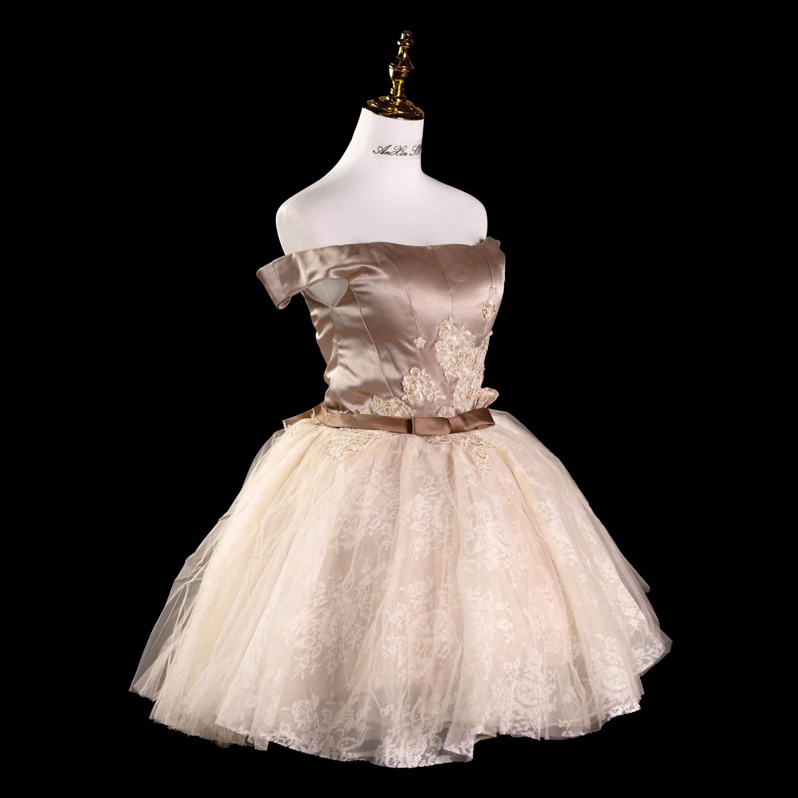 AnXin SH-Robe de soirée en satin champagne, tenue de princesse vintage, dentelle, col bateau, nœud papillon, courte, personnalisée, petite robe blanche