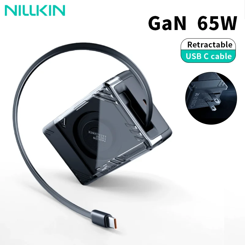 

NILLKIN 65W GaN Retractable Cable Charger PPS QC4+ PD 3.0 Fast Charger For iPhone 16 15 Pro Samsung S25 iPad Macbook Air Tablet
