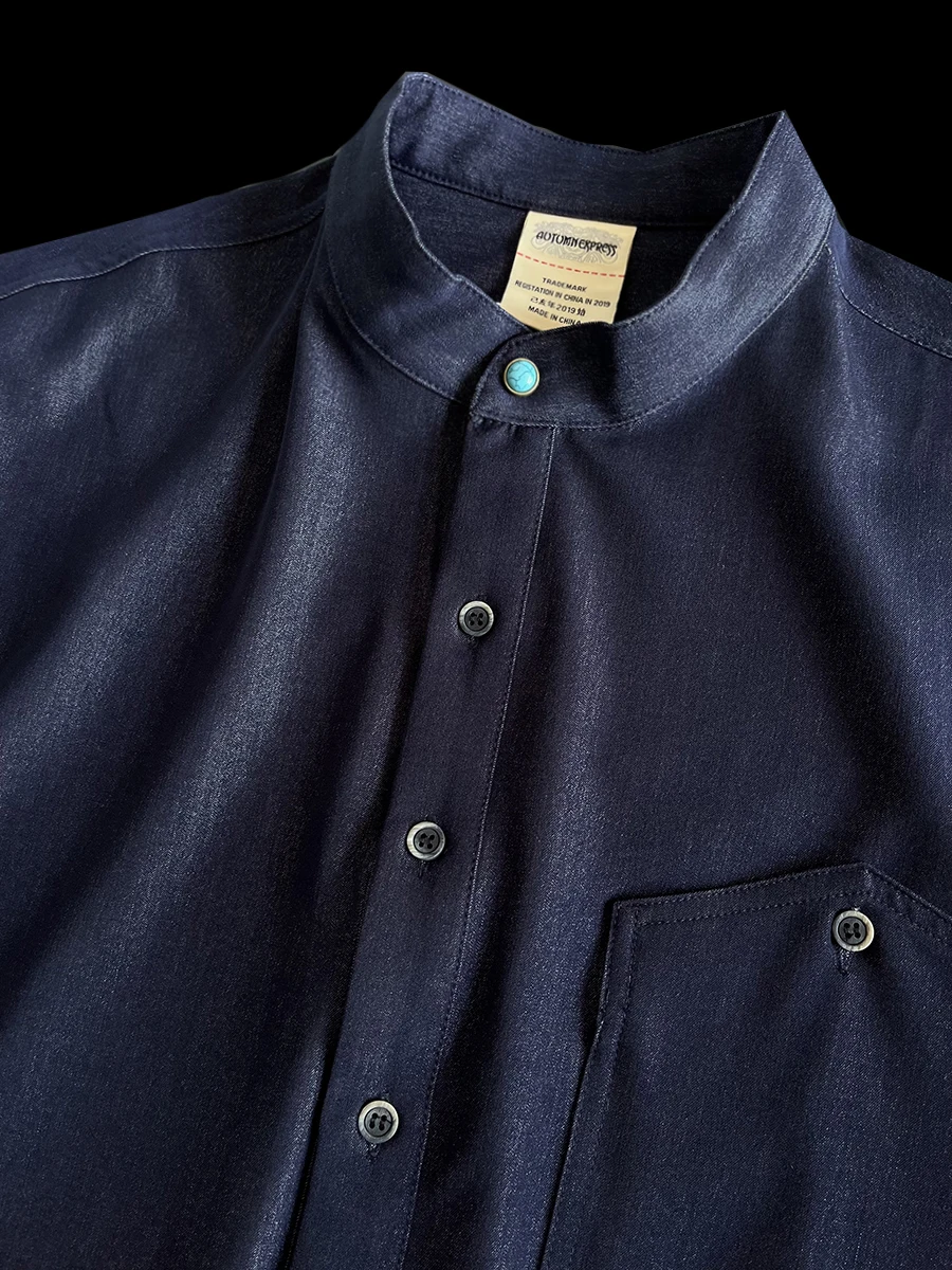 

Высококачественная мужская рубашка в стиле ретро: китайский и японский деним, длинный рукав, модный городской уличный стиль, полиэстер