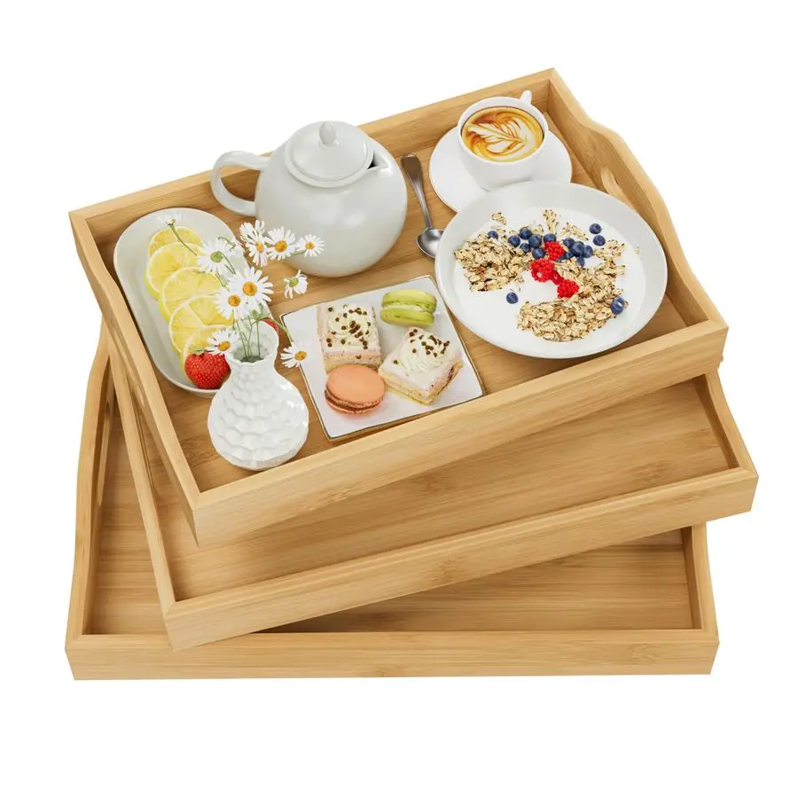 

Pack Serving Tray with Handles, 3 Sizes Nestable Rectangular Tray Easy Carrying Serving Trays, Durable Bamboo Trays for Serving