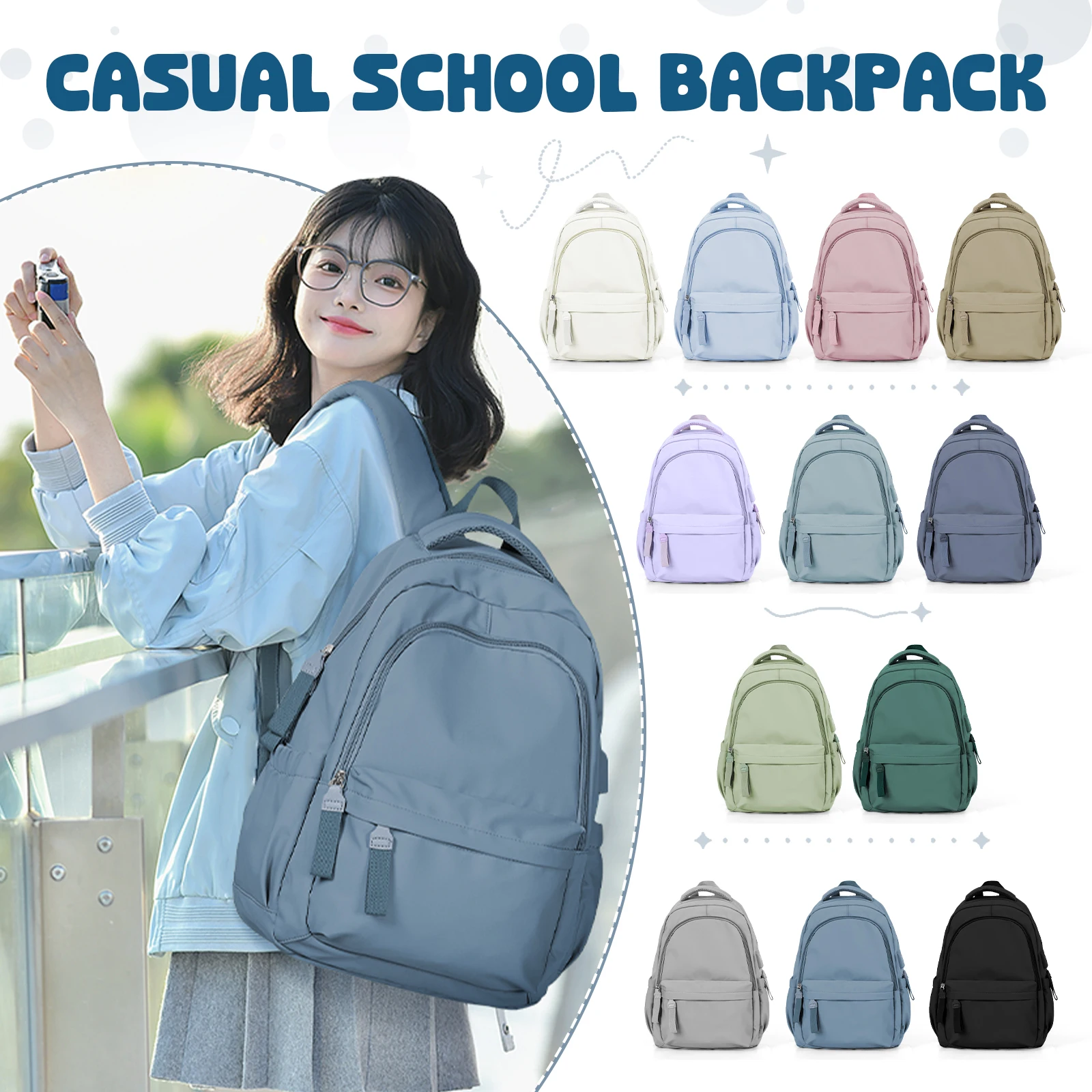 Large Capacity Casual Fashion Backpack, Solid Color School Laptop Backpack, Zipper Simple Cute Student School Bag For Girls Boys