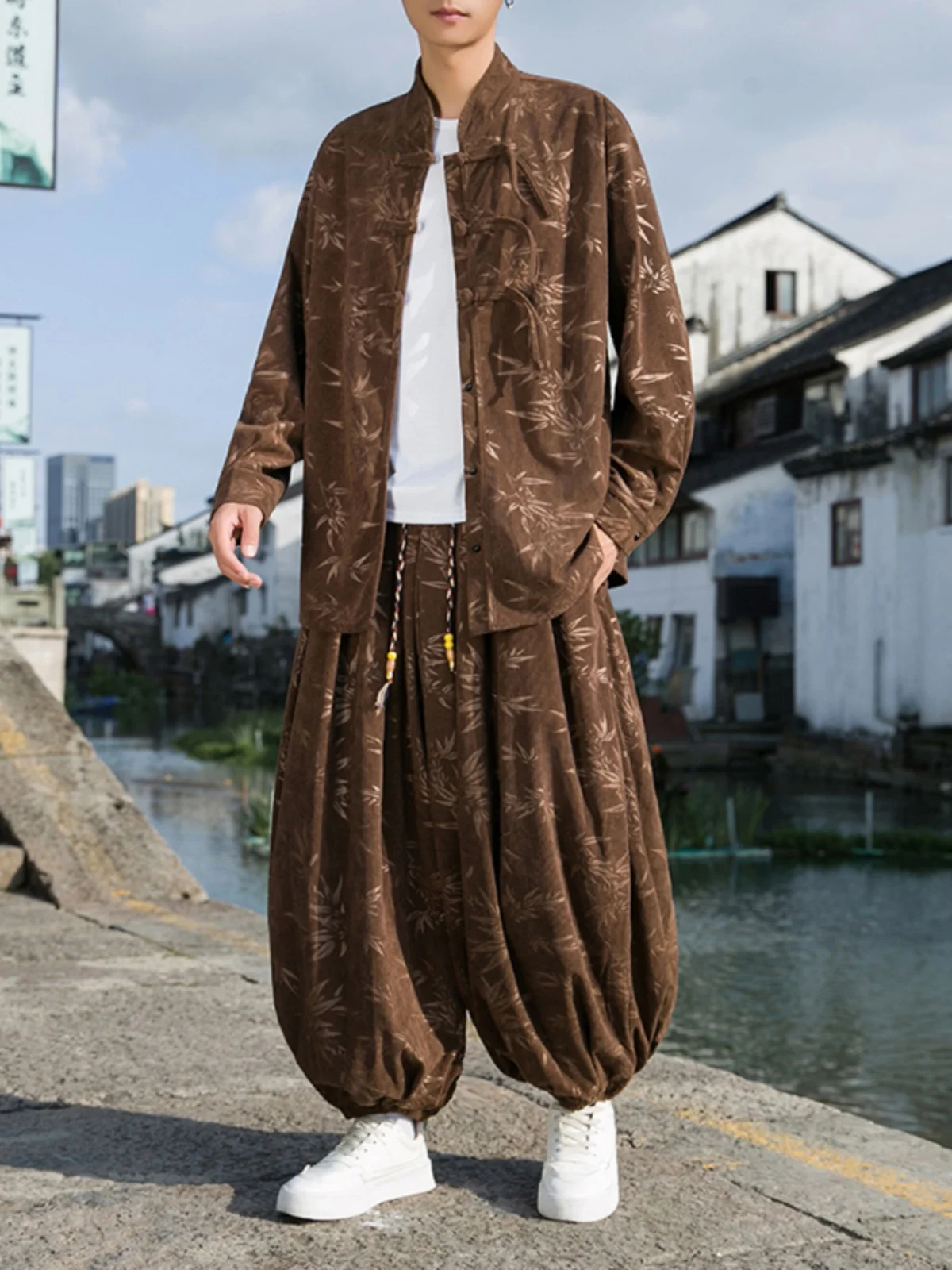 

Новый мужской костюм Ханьфу в китайском стиле: рубашка и брюки, осенний сезон, длинный рукав, бархат, воротник-стойка, традиционный костюм Тан