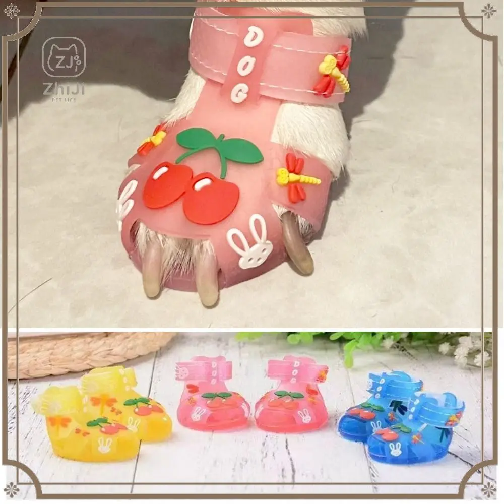 4Pcs/Set Cartoon Dog Summer Jelly Sandals Non-slip Soft Hollow Puppy Shoes Wear-resistant Waterproof Breathable Dog Shoes