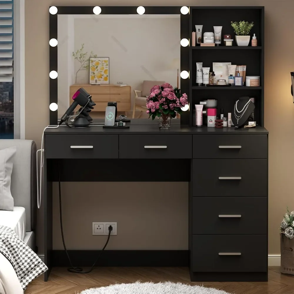 Vanity Desk with Lighted Mirror & Power Outlet, Makeup Vanity Table with 6 Drawers, 3-Tier Shelf, Vanity Dresser with 10 Lights